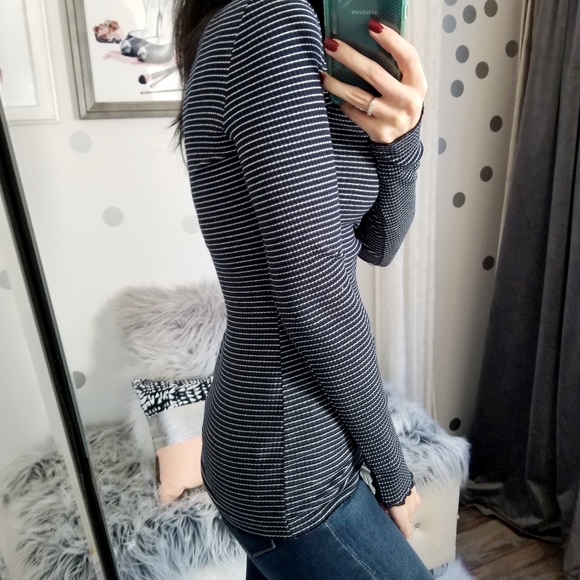 SALE Navy Stripe Henley Top Rib Knit Top - Picture 6 of 8